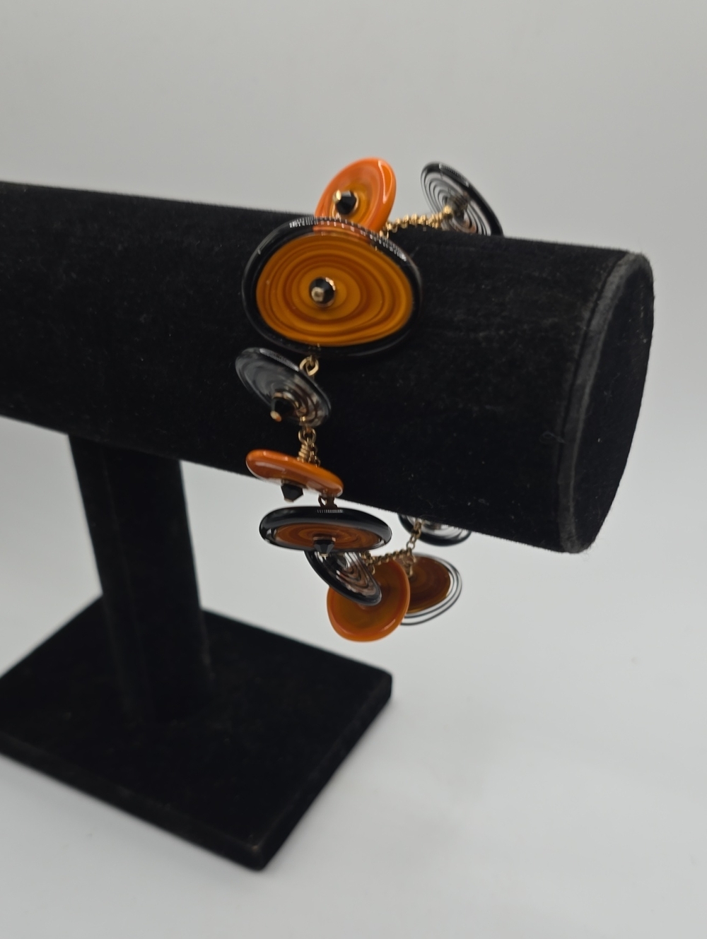 Vintage Glass Orange and Black Disc Charm Bracelet
